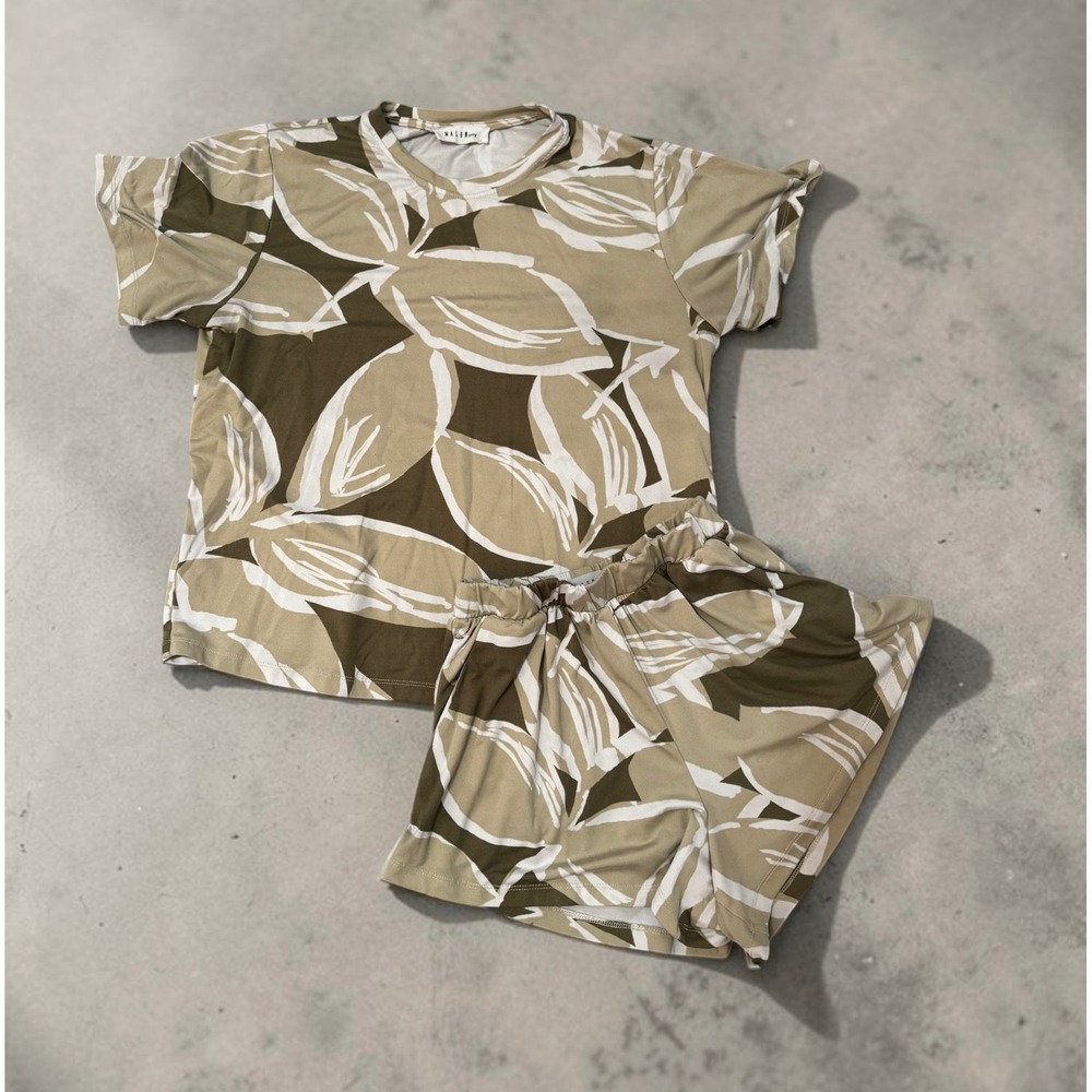 Mason Grey Tan Leaf Print Lounge Set Shorts and Tee Size Small Quiet Luxury